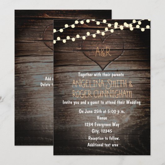 Gesneden Hart in Hout & String Lights Trouwen Kaart (Voorkant / Achterkant)