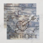 Gesneden Hart in Hout Tortelduifjes Save the Date Aankondigingskaart (Voorkant / Achterkant)