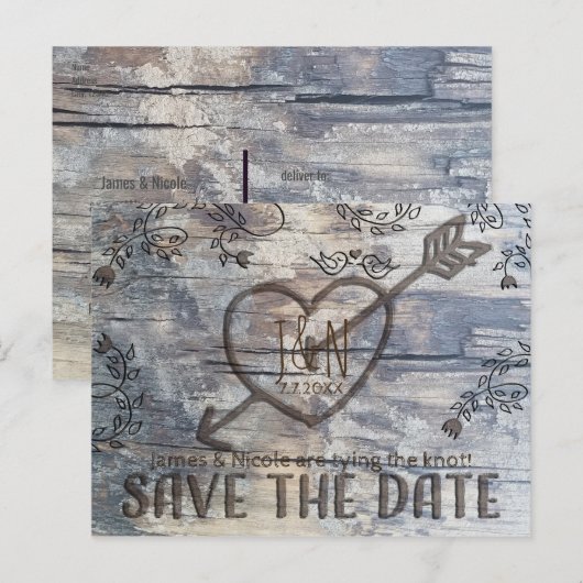 Gesneden Hart in Hout Tortelduifjes Save the Date Aankondigingskaart (Voorkant / Achterkant)