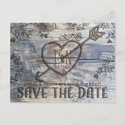 Gesneden Hart in Hout Tortelduifjes Save the Date Aankondigingskaart (Voorkant)