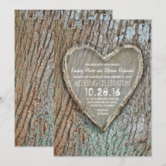 Gesneden hart rustieke landboom bruiloft uitnodigi kaart (Voorkant / Achterkant)