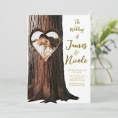 Gesneden Hartboom Stump Rustieke Foto Bruiloft Kaart (Staand voorkant)