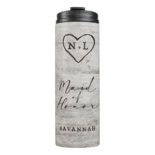 Gesneden Hartjes Rustieke Monogram Bruidsmeisje Thermosbeker