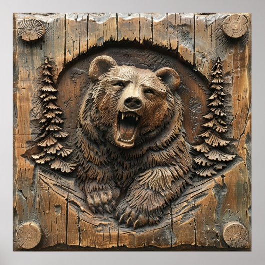 Gesneden Hout Enorme Growling Grizzly Beer Poster (Voorkant)