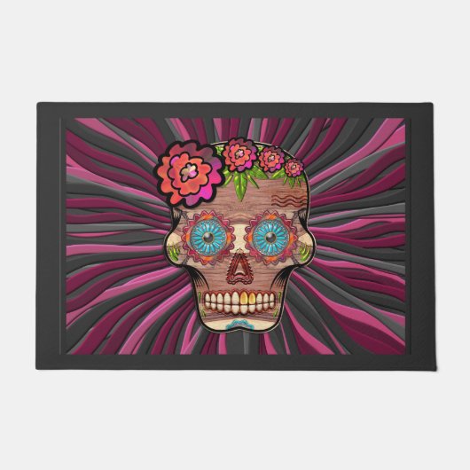 Gesneden-hout-look Sugar Skull w / Floral Crown Deurmat (Voorkant)