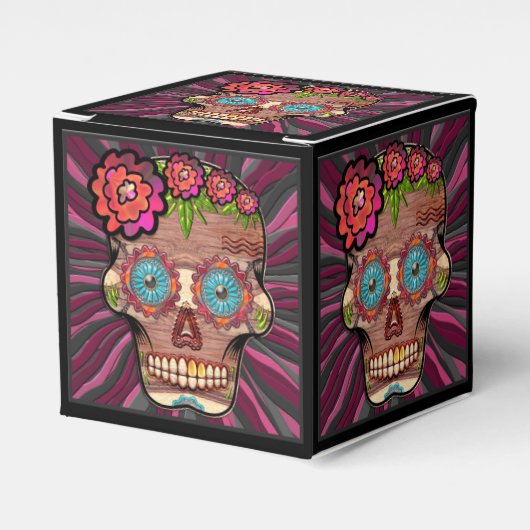 Gesneden-hout-look suikerschedel w / Floral Crown Bedankdoosjes (Voorkant Zijde)