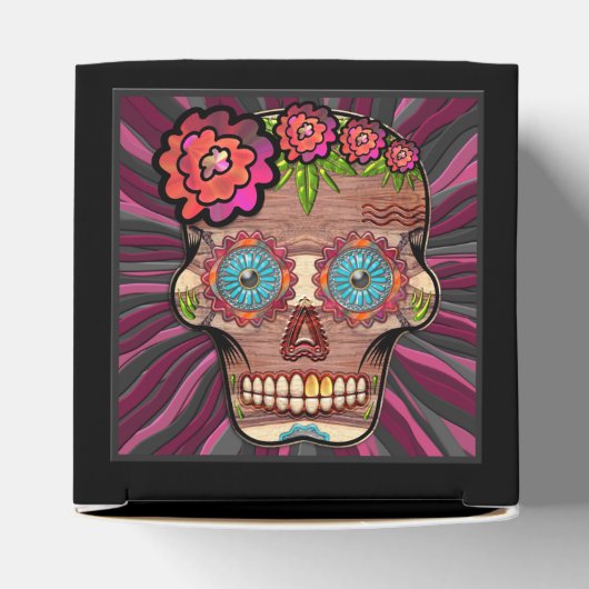 Gesneden-hout-look suikerschedel w / Floral Crown Bedankdoosjes (Bovenkant)