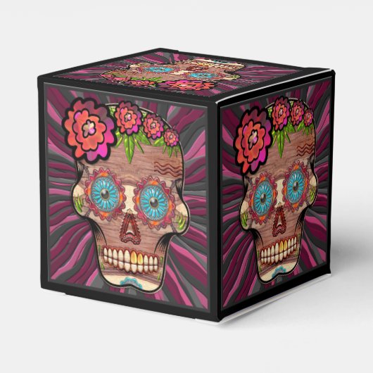 Gesneden-hout-look suikerschedel w / Floral Crown Bedankdoosjes (Achterkant)