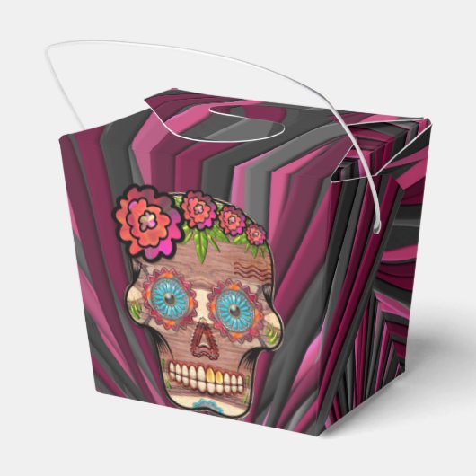 Gesneden-hout-look suikerschedel w / Floral Crown Bedankdoosjes (Achterkant)