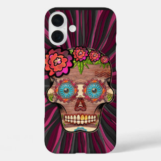 Gesneden-hout-look suikerschedel w / Floral Crown iPhone 16 Plus Hoesje