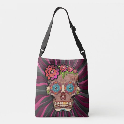 Gesneden-hout-look suikerschedel w / Floral Crown Crossbody Tas (Achterkant)