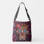 Gesneden-hout-look suikerschedel w / Floral Crown Crossbody Tas (Voorkant)