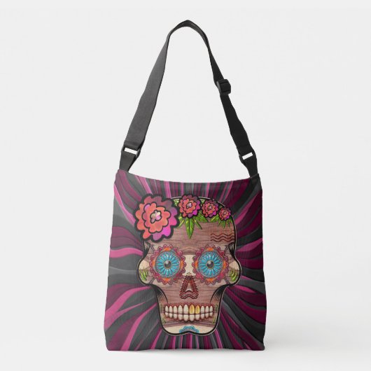 Gesneden-hout-look suikerschedel w / Floral Crown Crossbody Tas (Voorkant)