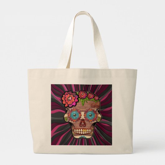 Gesneden-hout-look suikerschedel w / Floral Crown Grote Tote Bag (Achterkant)
