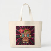 Gesneden-hout-look suikerschedel w / Floral Crown Grote Tote Bag (Voorkant)