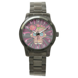 Gesneden-hout-look suikerschedel w / Floral Crown  Horloge