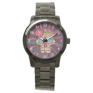 Gesneden-hout-look suikerschedel w / Floral Crown Horloge