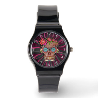 Gesneden-hout-look suikerschedel w / Floral Crown  Horloge