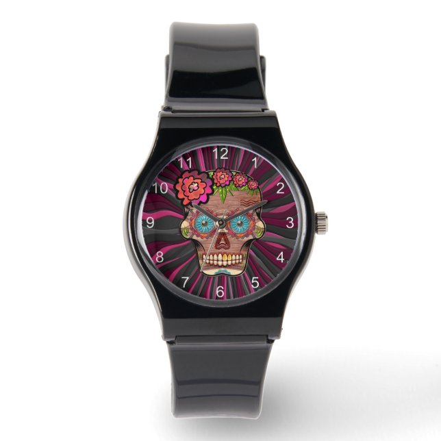 Gesneden-hout-look suikerschedel w / Floral Crown  Horloge (Voorkant)