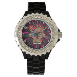 Gesneden-hout-look suikerschedel w / Floral Crown Horloge