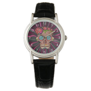 Gesneden-hout-look suikerschedel w / Floral Crown  Horloge