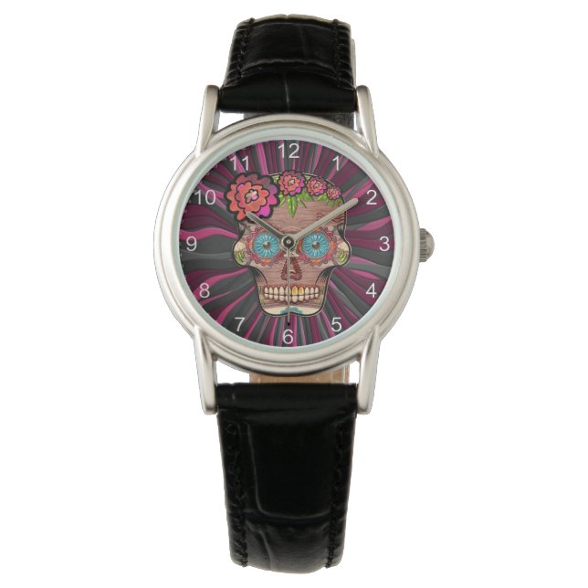 Gesneden-hout-look suikerschedel w / Floral Crown  Horloge (Voorkant)