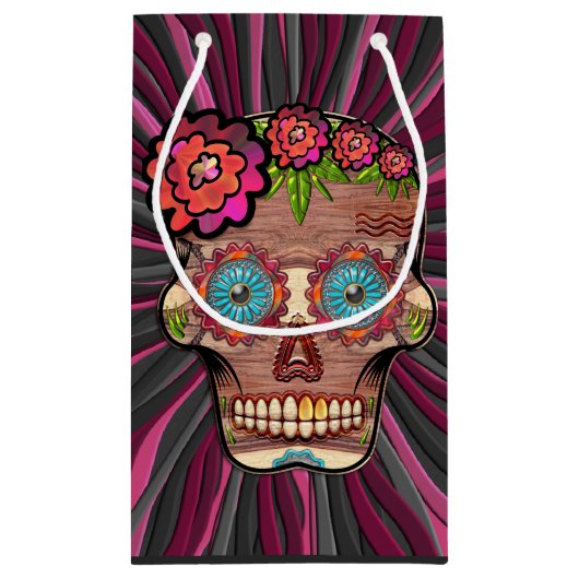 Gesneden-hout-look suikerschedel w / Floral Crown Klein Cadeauzakje (Achterkant)