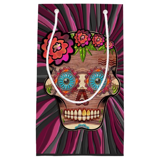 Gesneden-hout-look suikerschedel w / Floral Crown Klein Cadeauzakje (Voorkant)