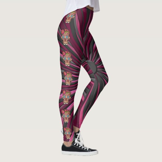Gesneden-hout-look suikerschedel w / Floral Crown Leggings (Rechts)