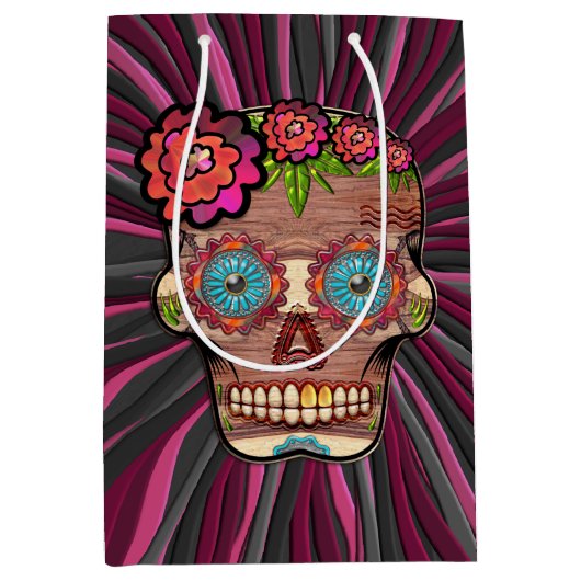 Gesneden-hout-look suikerschedel w / Floral Crown Medium Cadeauzakje (Voorkant)