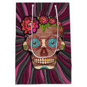 Gesneden-hout-look suikerschedel w / Floral Crown Medium Cadeauzakje (Achterkant)