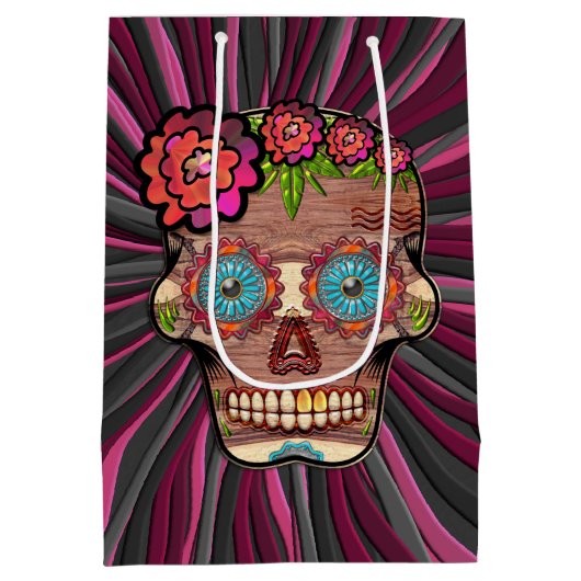 Gesneden-hout-look suikerschedel w / Floral Crown Medium Cadeauzakje (Achterkant)