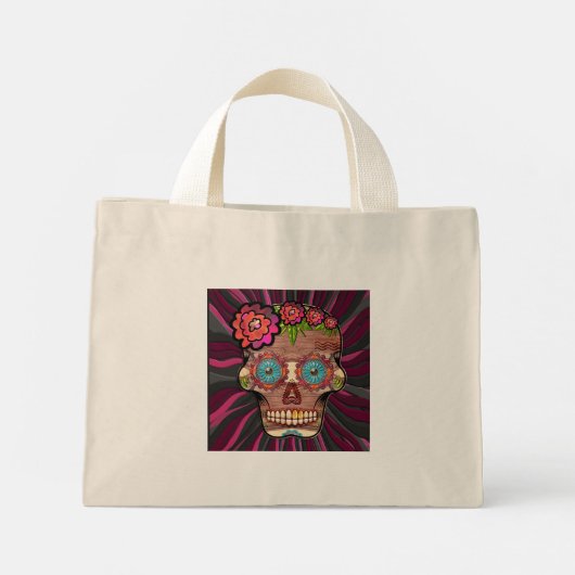 Gesneden-hout-look suikerschedel w / Floral Crown Mini Tote Bag (Achterkant)