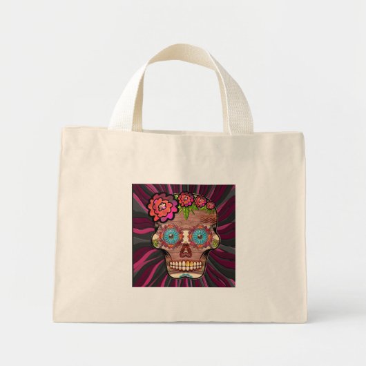 Gesneden-hout-look suikerschedel w / Floral Crown Mini Tote Bag (Voorkant)