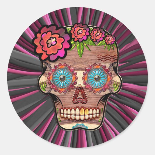 Gesneden-hout-look suikerschedel w / Floral Crown Ronde Sticker (Voorkant)