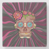 Gesneden-hout-look suikerschedel w / Floral Crown Stenen Onderzetter (Voorkant)