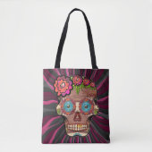 Gesneden-hout-look suikerschedel w / Floral Crown Tote Bag (Voorkant)