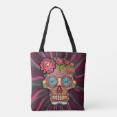 Gesneden-hout-look suikerschedel w / Floral Crown Tote Bag (Achterkant)