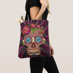 Gesneden-hout-look suikerschedel w / Floral Crown Tote Bag