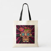 Gesneden-hout-look suikerschedel w / Floral Crown Tote Bag (Achterkant)