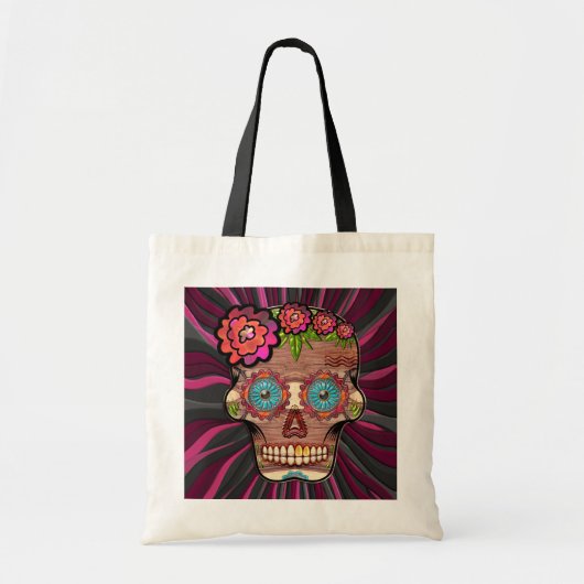 Gesneden-hout-look suikerschedel w / Floral Crown Tote Bag (Voorkant)