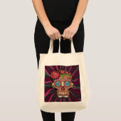 Gesneden-hout-look suikerschedel w / Floral Crown Tote Bag (Voorkant (product))
