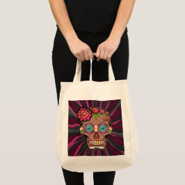 Gesneden-hout-look suikerschedel w / Floral Crown Tote Bag