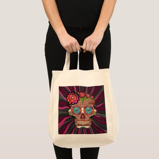 Gesneden-hout-look suikerschedel w / Floral Crown Tote Bag (Voorkant (product))