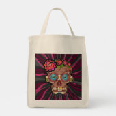 Gesneden-hout-look suikerschedel w / Floral Crown Tote Bag (Achterkant)