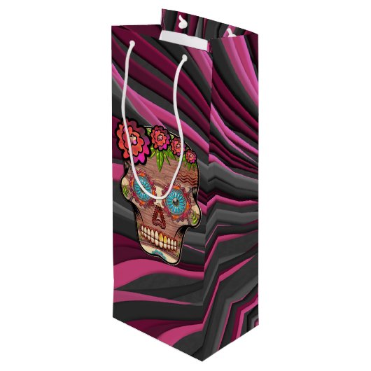 Gesneden-hout-look suikerschedel w / Floral Crown Wijn Cadeautas (Achterkant Gekanteld)