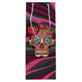 Gesneden-hout-look suikerschedel w / Floral Crown Wijn Cadeautas (Achterkant)