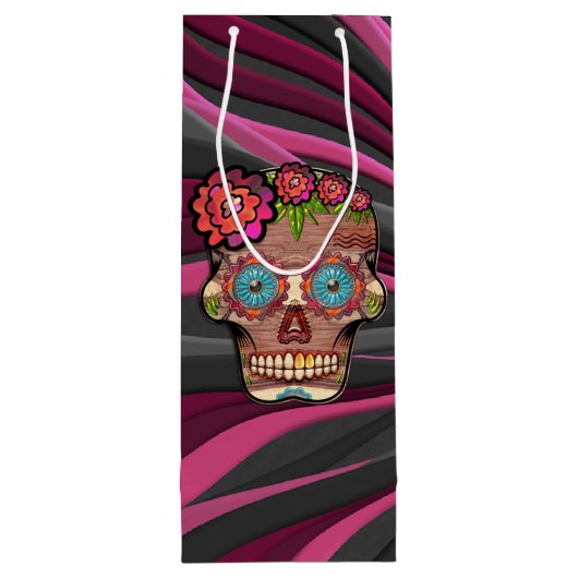 Gesneden-hout-look suikerschedel w / Floral Crown Wijn Cadeautas (Achterkant)