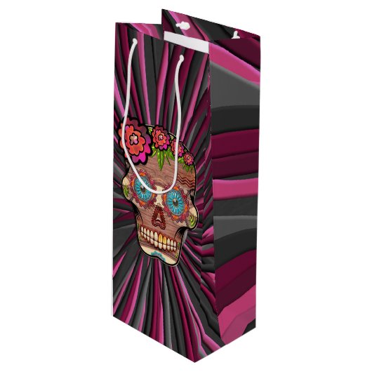 Gesneden-hout-look suikerschedel w / Floral Crown Wijn Cadeautas (Voorkant Gekanteld)