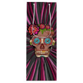 Gesneden-hout-look suikerschedel w / Floral Crown Wijn Cadeautas (Voorkant)